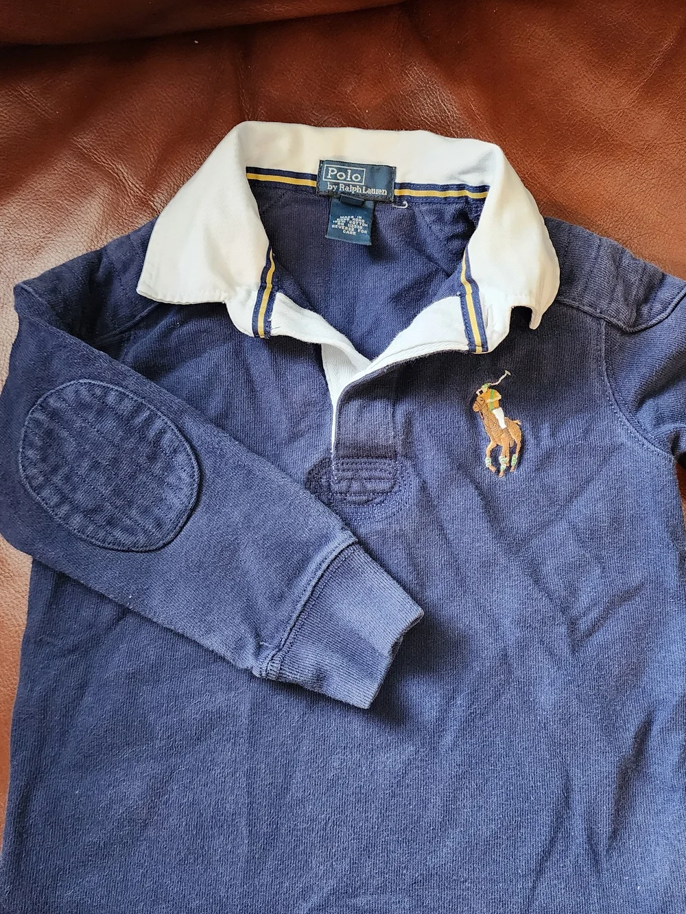 Ralph Lauren Navy and White Long-Sleeve Rugby Polo with Elbow Patches